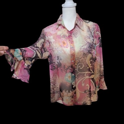 Vtg Floral Fairy M Top Button Up Sheer Bell Sleeves Dainty Romantic Whimsical 