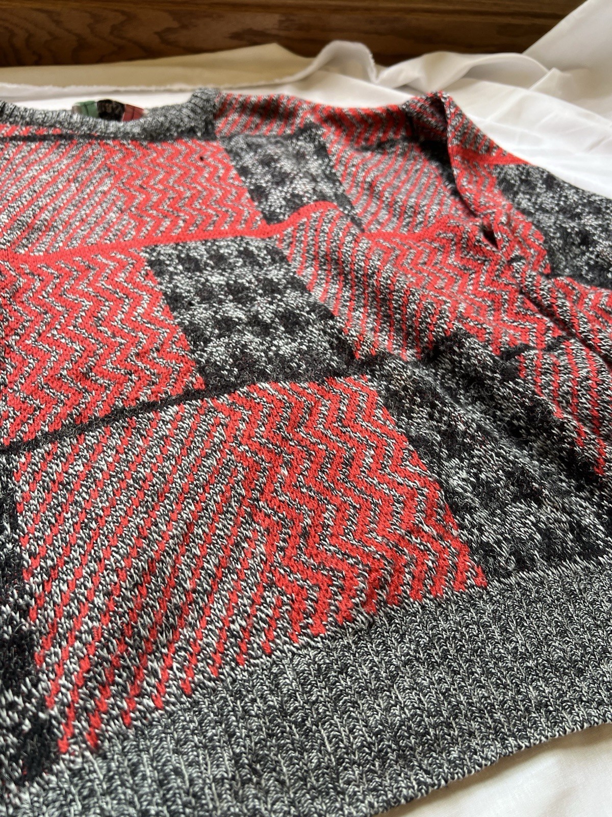Patchwork Knit Sweater with Red and Grey Checks M… - image 3
