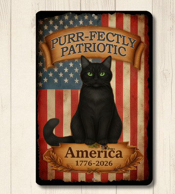 Patriotic Black Cat Sign American Decor metal tin wall art USA flag gift plaque