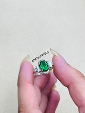 Oval Cut Emerald Ring 925 Sterling Silver Gift For Her Halo Engagement Ring.