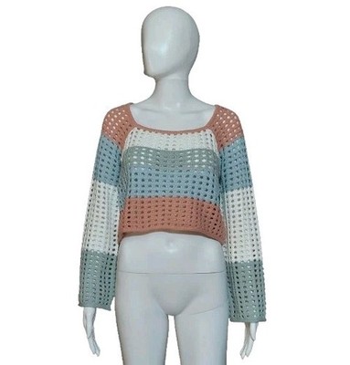 Hem & Thread Cotton Crochet Knit Broad Striped Cropped Sweater Size Small NWT