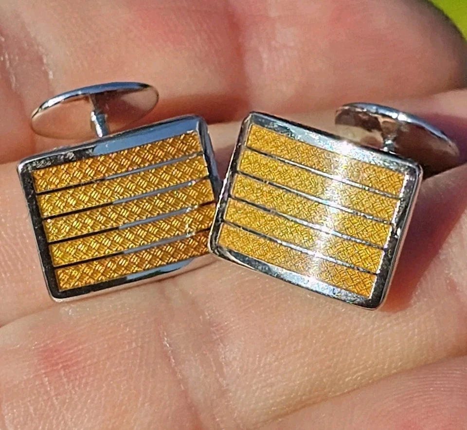 DD David Donahue Brand Sterling Silver Golden Yellow Guilloche Enamel Cufflinks - Image 2 of 4