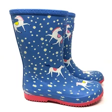 Joules Welly Rain Boots Girls 1 Pull On Horse Floral Blue Waterproof Outdoor