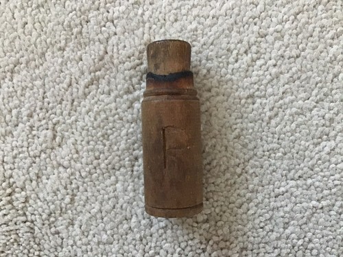 Vintage Wooden Bottle W/Wooden Stopper Burnt Top Edge "R" Carved on Front 2 5/8"