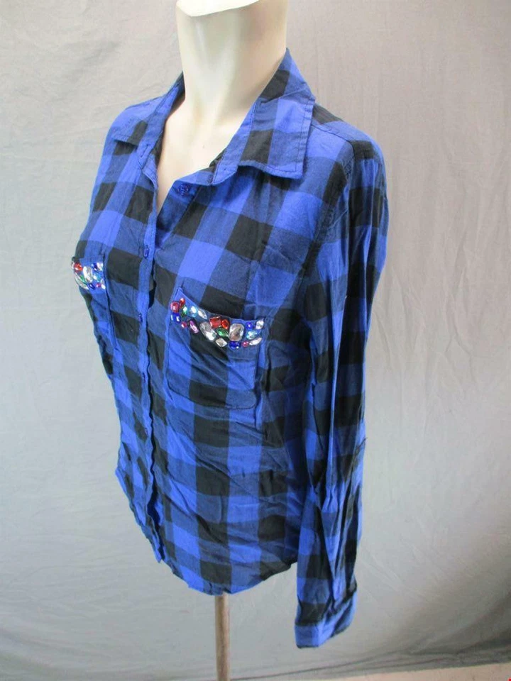 Blusa Bongo tamanho G feminina azul xadrez manga longa algodão com botões 6G927 - Imagem 3 de 4