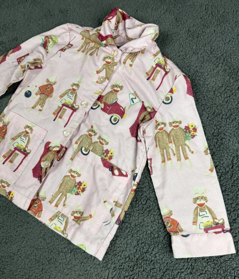 Nick Nora Kid XS 5 Girls Pink Sock Monkey Pajama Set 2pc Flannel Button Pockets - Image 3 of 4