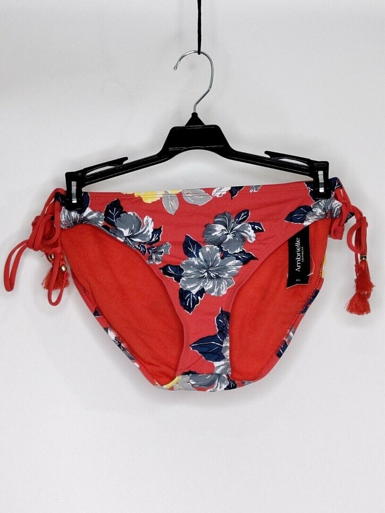 NWT Ambrielle Swim Bottoms Red/Silver Floral Print High Cut Tasseled Tie Sides