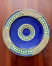 Folk ArtRaised Pottery Plate Trimmed Decorative Wire Set in Plate 10" Blue/Green