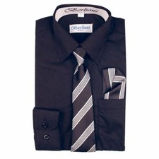 BERLIONI ITALY KIDS BOYS DRESS SHIRT LONG SLEEVE WITH TIE  HANKY SOLID BLACK