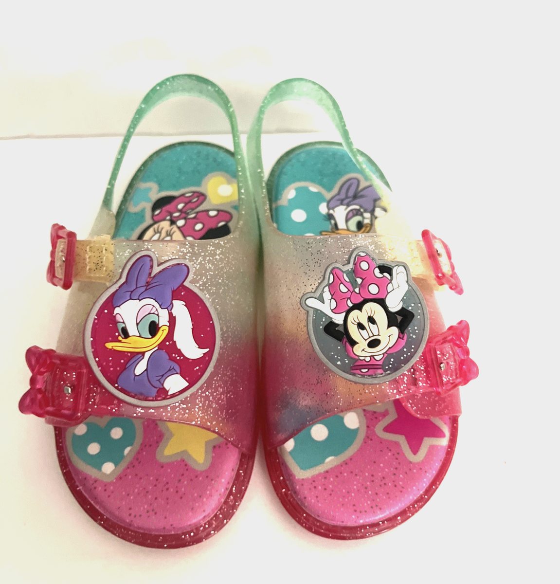 DISNEY JR Minnie Mouse Daisy Duck Jelly Sandal Shoes Cushioned Bow Size  EUC