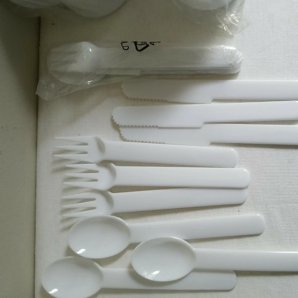 4 PERSON CAMPING DINING PLASTIC reusable Blue Check Border PLATES CUP CUTLERY  - Image 2 of 4