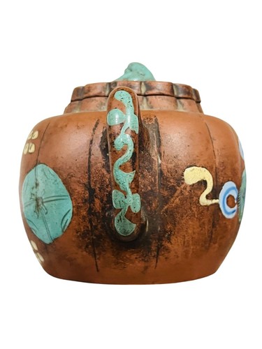Antique Chinese Brown/Red Clay & Blue Enamel Yixing Zisha Foo Dog Teapot - Picture 3 of 14