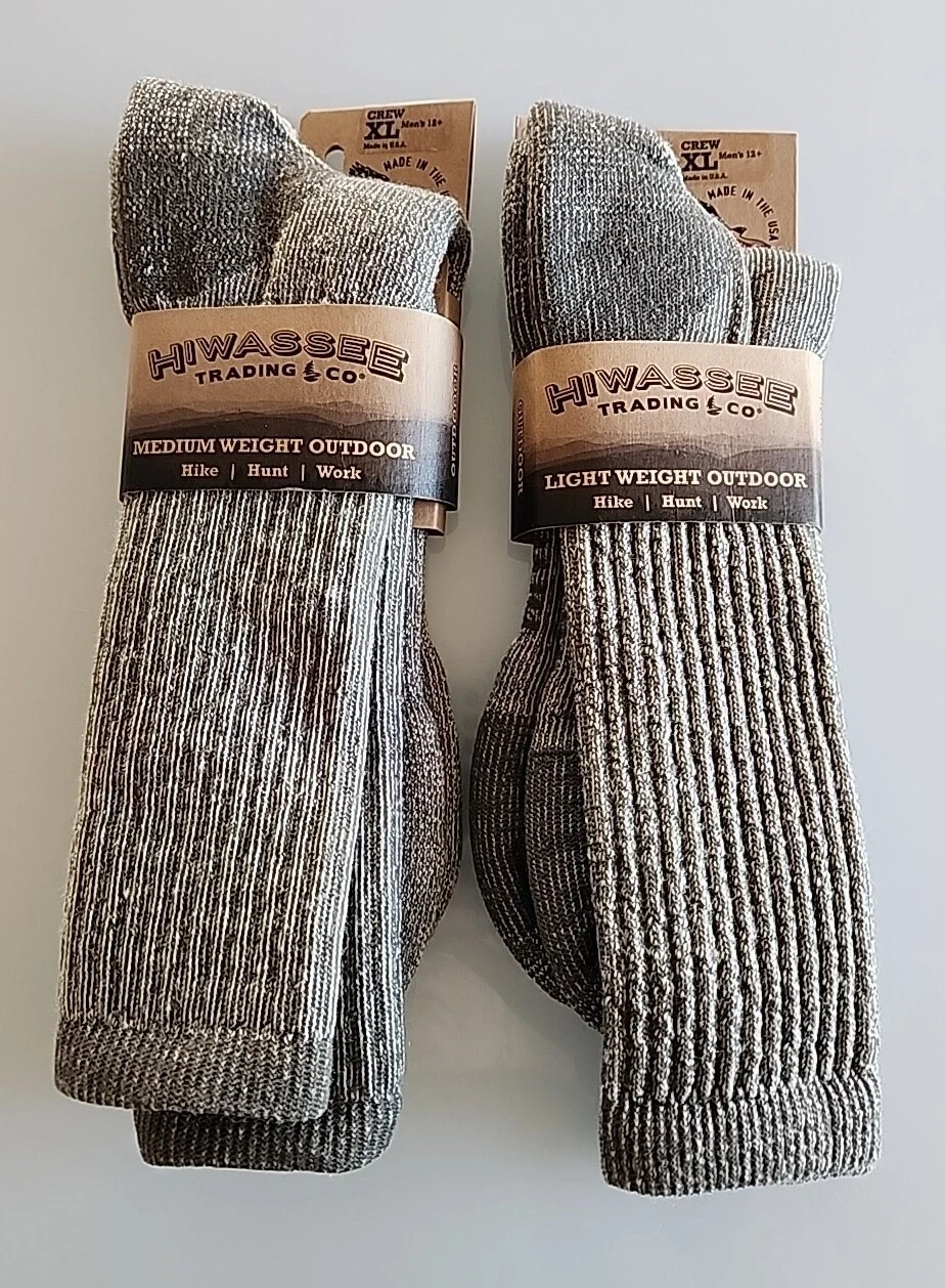 2 Pair Hiwassee Trading XL Medium & Light Weight Merino Wool Crew Socks