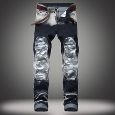 Pantaloni Skinny In Denim Camouflage Con Toppe Moto Biker Strappati