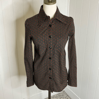 Handmade Womens Small Button Front Shirt Black Pink Diamond Pattern Long Sleeve