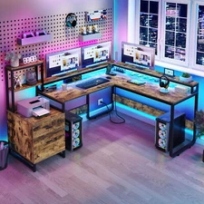 87" L Shaped Desk with File Drawer Reversible Computer Desk with Power Outlets