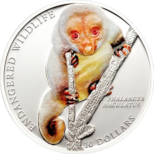 Spotted Cuscus 2010 Solomon Islands 10 $ Silbermünze PP Swarovski Augen