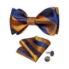 Mens Silk Self Bow Ties,Woven Solid Striped Paisley Bowtie 03 Gold and Blue