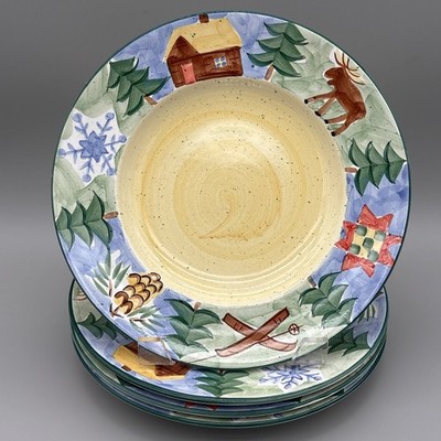 Bella Ceramica SIERRA 10.75'' Dinner Plates Set of 4 Rustic Moose Cabin Ski Lodge