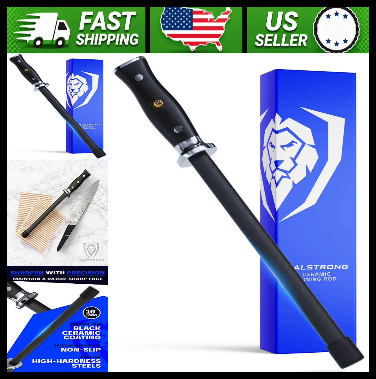 Dalstrong 10in Honing Rod Ceramic Coated Knife Sharpener G10 Handle
