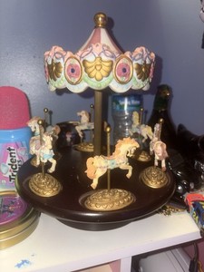 Vintage Porcelain Carousel Horse Music Box with Removable Horses Wooden Base 10"