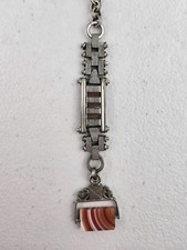 Antique Art Deco Silver Tone Watch Chain Fob Orange Agate Stones