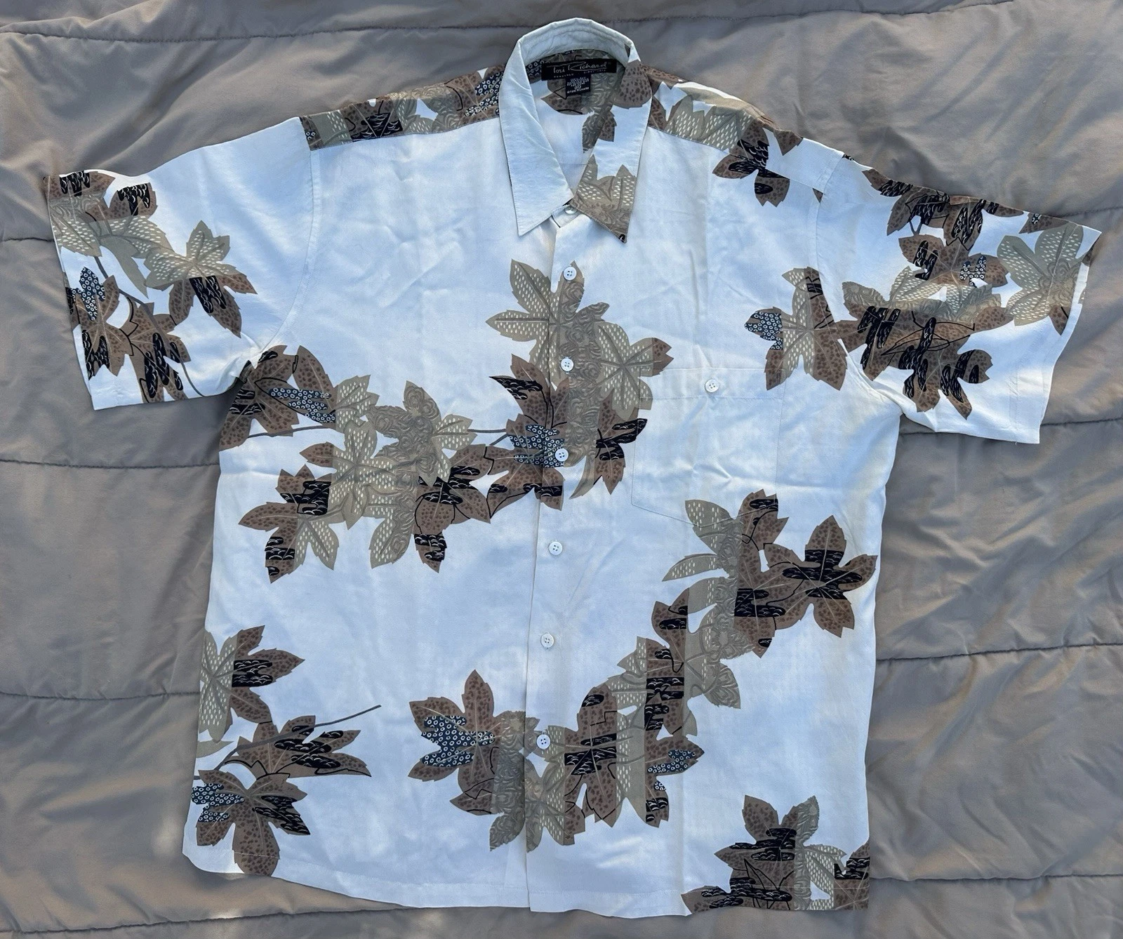Tori Richard Honolulu 100% Silk Hawaiian Shirt Mens XL Beige Leaf Print Al