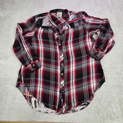 Fig & Flower Blouse Mixed Media Button Up Plaid Oversized Size M