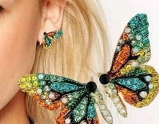 Butterfly Split Earrings, Goldtone Stud, colorful Rinestones