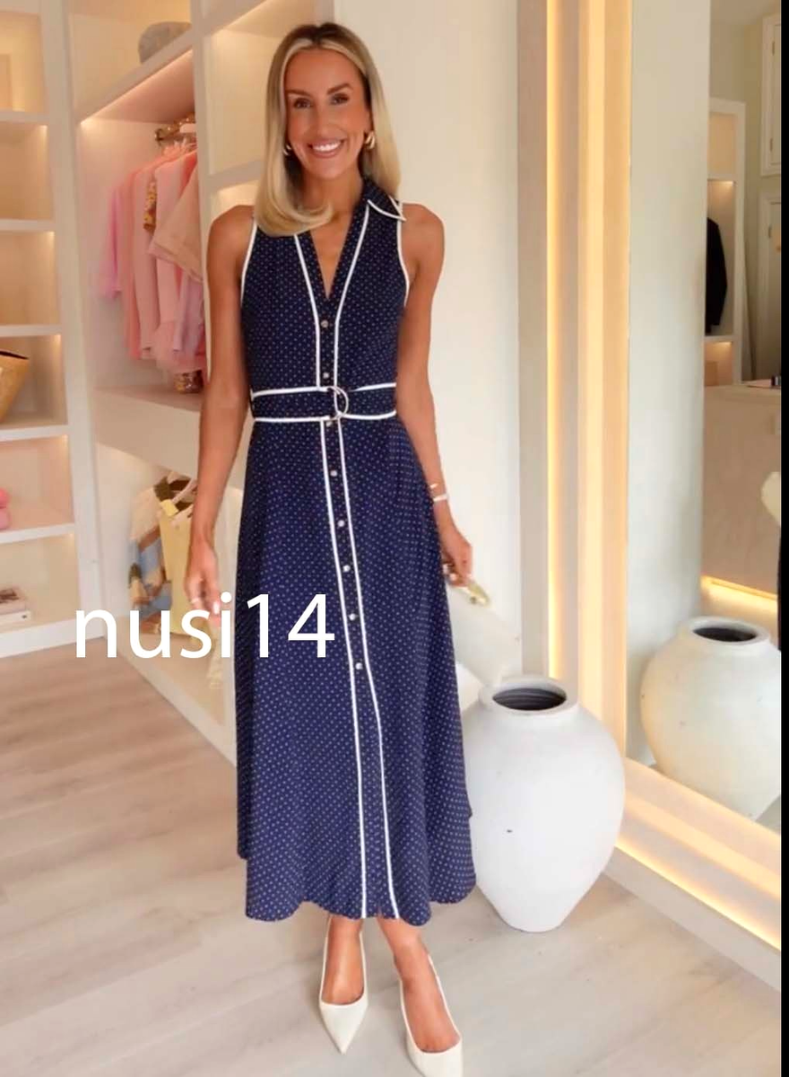 ZARA NEW WOMAN BELTED POLKA DOT MIDI DRESS BLUE WHITE XS-XL