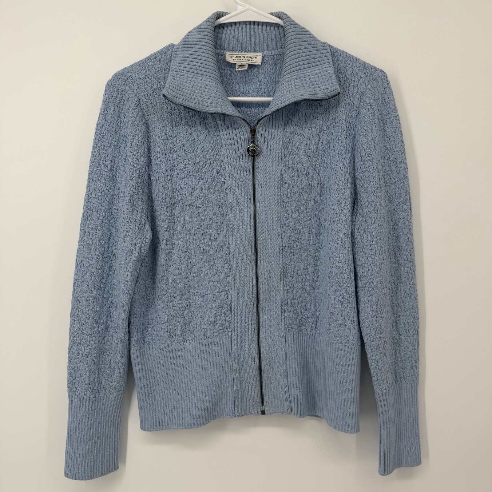 St John Sport Womens Small Light Blue Full Zip Cable Knit Jacket Wool Blend