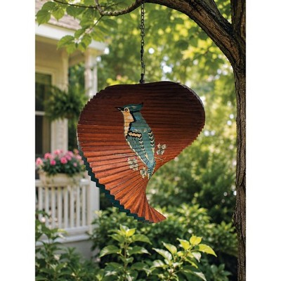 Hand Painted Wooden Blue Bird Spiral Wind Spinner Hanging Kinetic Ornament