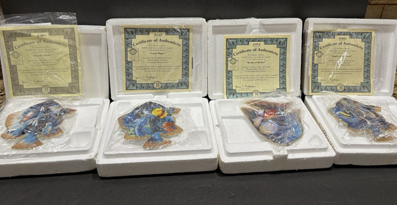 Bradford Exchange Rainbow Reef  Fish Collector Plates gold trim set lot 7 NIB