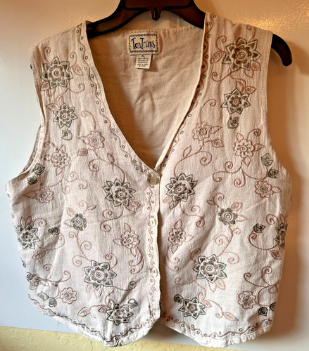 VTG Tantrums Embroidered Floral Button Up Tie Vest Sz PL Boho Artsy Cottagecore