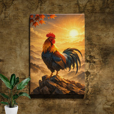 Rooster Sunrise Wall Art Red Gold Feathers