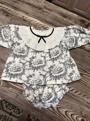 NWT Janie & Jack  Girl 0-3 Months Black And White Floral Toile Long Sleeve