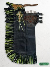 Leather Rodeo Bull Riding Chaps - Black  Lime Green Fringe - Floral Tooled