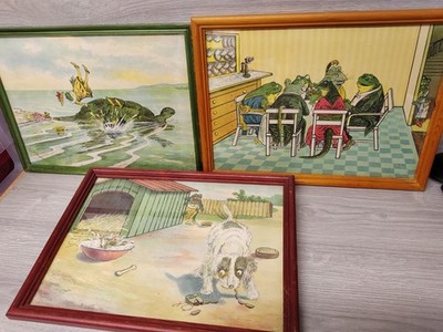 Traumhafte Vintage Bilder x 3 Frösche lustig, bunt 