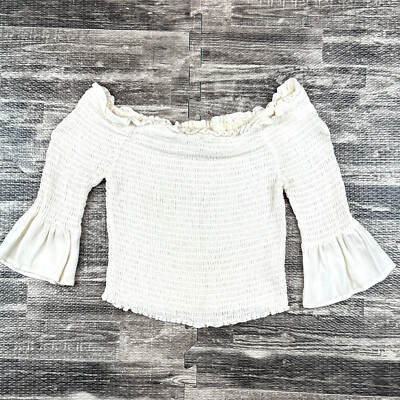 Kendall & Kylie Women's Size S Small Smocked White Top Off The Shoulder Cropped