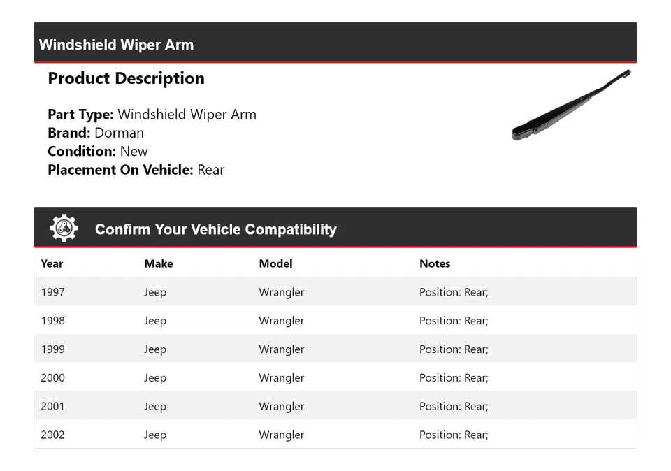 Brazo limpiaparabrisas trasero para Jeep Wrangler Dorman 1997-2002 1998 1999 2000 2001 Foto 2 de 3