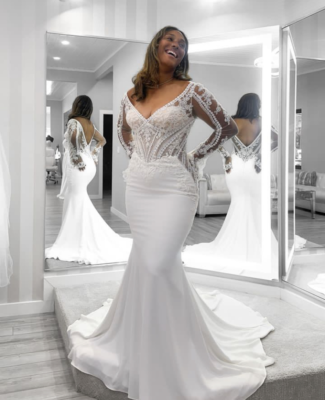 Elegant Mermaid Wedding Dresses V-Neck Long Sleeve Lace Applique Bridal  Gowns | eBay