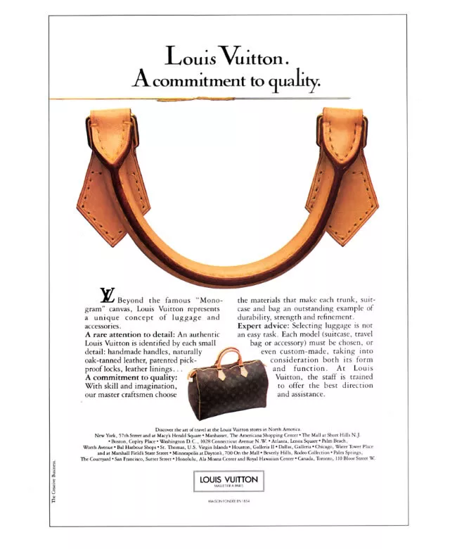 1986 Vuitton bag "commitment to quality" 1-page MAGAZINE