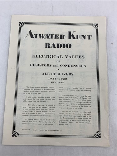 Radio eléctrica Atwater Kent valor de resistencias y condensadores en todos los receptores - Imagen 1 de 8