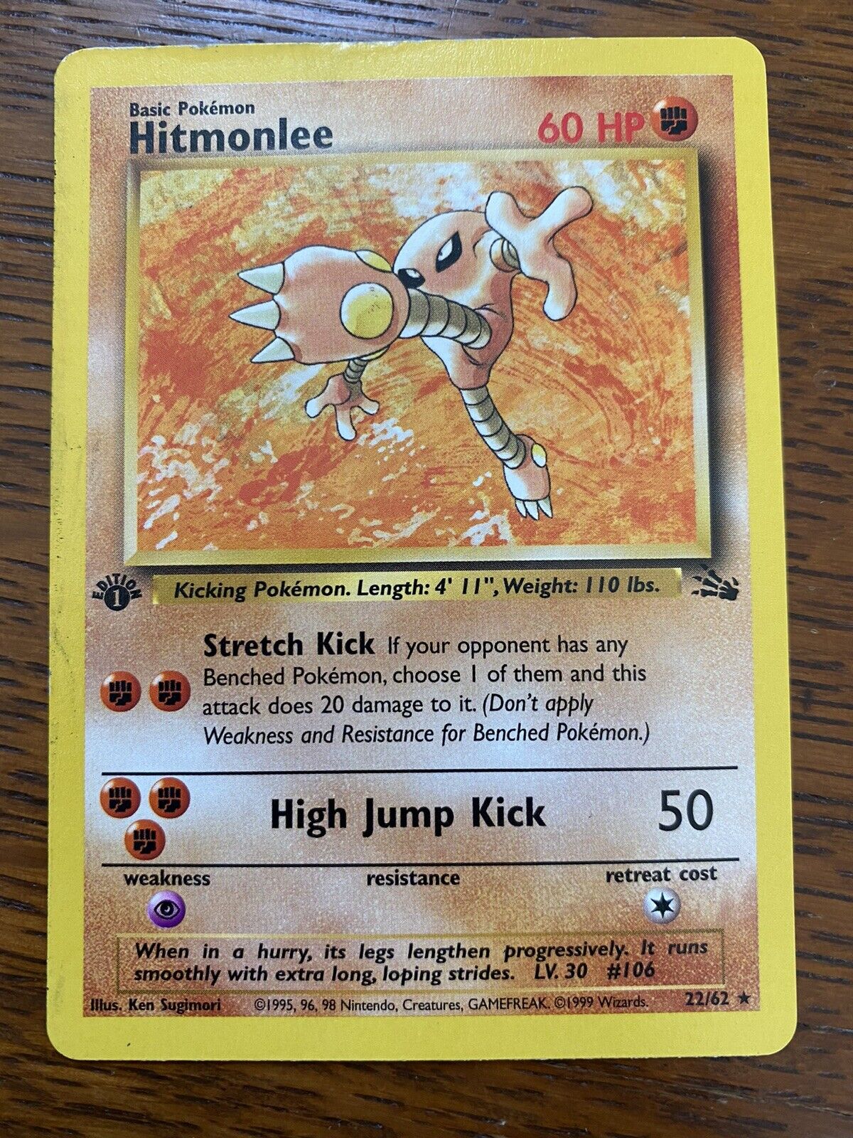 Hitmonlee Holofoil Lightly Used Real Card. 22/62 Fossil Set 