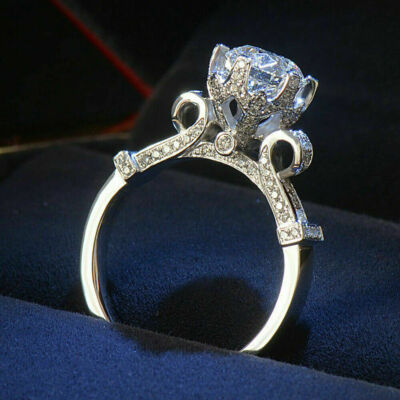 Art Dec Round Lab Created Diamond Wedding 14K White Gold Finish Flower Gift Ring