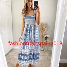 ZARA NEW WOMAN MIDI PRINTED STRAPPY DRESS RUFFLED XS-L WHITE SKY BLUE  3008/587