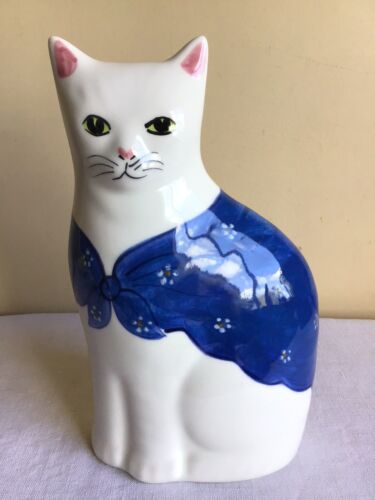 Vintage N S Guston Co Handpainted Blue Floral Shawl Sitting Ceramic Cat Figurine - Picture 1 of 5