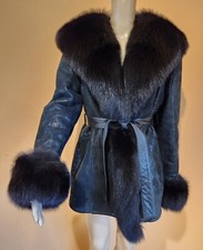 Shearling Fox Fur Coat - Genuine Fox Fur Trim - Black Shimmer