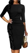Women's YAJEDO NWT Size Small Black Bodycon Dress 3/4 Sleeves Ruffle Stretch Zip