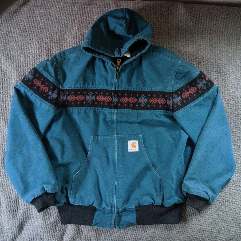 Vintage Carhartt Hoodie Canvas Jacket Southwest Teal Aztec JR0055 Size Large USA